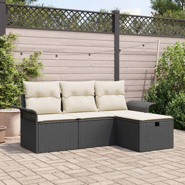 ARDEBO.de - 4-teiliges Garten Sofa Set mit Kissen Schwarz Poly Rattan, 2-Sitzer Garten Sofa mit Stauraum & Kissen Schwarz Poly Rattan