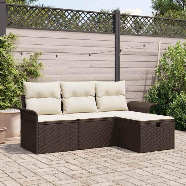 ARDEBO.de - 4-teiliges Garten Sofa Set mit Kissen Braun Poly Rattan, 2-Sitzer Garten Sofa mit Stauraum & Kissen Braun Poly Rattan