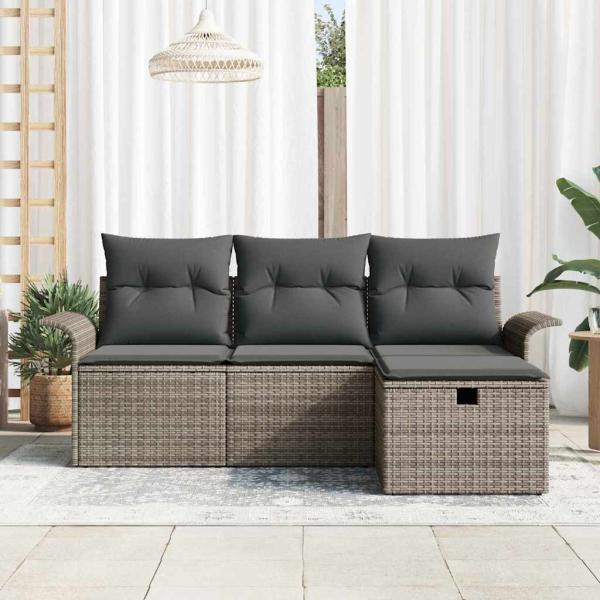 4-teiliges Garten Sofa Set mit Kissen Grau Poly Rattan, 2-Sitzer Garten Sofa mit Stauraum & Kissen Grau Poly Rattan