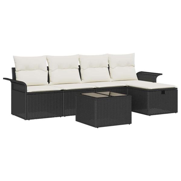 6-teiliges Garten Sofa Set mit Kissen Schwarz Poly Rattan, 2-Sitzer Garten Sofa mit Stauraum & Kissen Schwarz Poly Rattan