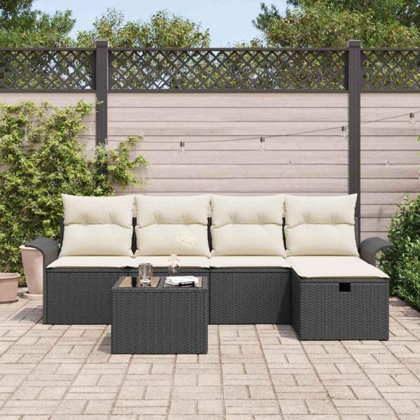 6-teiliges Garten Sofa Set mit Kissen Schwarz Poly Rattan, 2-Sitzer Garten Sofa mit Stauraum & Kissen Schwarz Poly Rattan