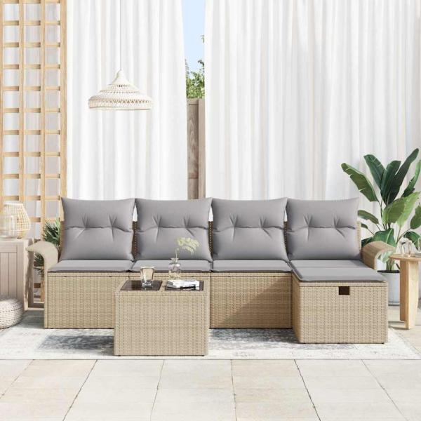 6-teiliges Garten-Sofaset mit Kissen Beige Poly Rattan, 2-Sitzer Garten-Sofa mit Stauraum & Kissen Beige Poly Rattan