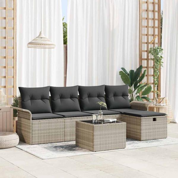 ARDEBO.de - 6-teiliges Garten-Sofa-Set mit Kissen in hellgrauem Poly-Rattan, 2-Sitzer Garten-Sofa mit Stauraum & Kissen in hellgrauem Poly-Rattan