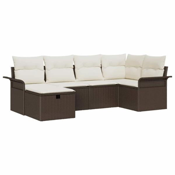6-teiliges Garten Sofa Set mit Kissen aus braunem Poly Rattan, 2-Sitzer Garten Sofa mit Stauraum & Kissen aus braunem Poly Rattan