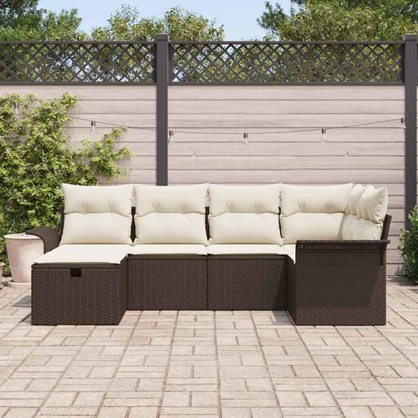 6-teiliges Garten Sofa Set mit Kissen aus braunem Poly Rattan, 2-Sitzer Garten Sofa mit Stauraum & Kissen aus braunem Poly Rattan