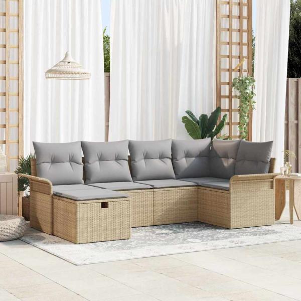 ARDEBO.de - 6-teilige Garten Sofa Set mit Kissen Beige Poly Rattan, 2-Sitzer Garten Sofa mit Stauraum & Kissen Beige Poly Rattan