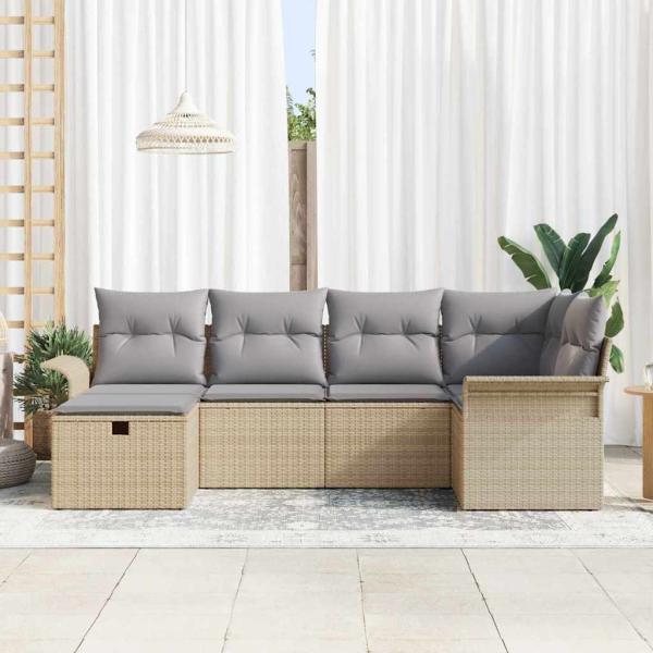 6-teilige Garten Sofa Set mit Kissen Beige Poly Rattan, 2-Sitzer Garten Sofa mit Stauraum & Kissen Beige Poly Rattan