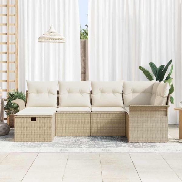 6-teiliges Garten Sofa Set mit Kissen Beige Poly Rattan, 2-Sitzer Garten Sofa mit Stauraum & Kissen Beige Poly Rattan