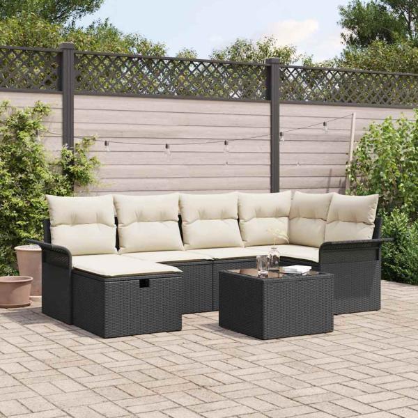 ARDEBO.de - 7-teiliges Garten Sofa Set mit Kissen Schwarz Poly Rattan, 2-Sitzer Garten Sofa mit Stauraum & Kissen Schwarz Poly Rattan