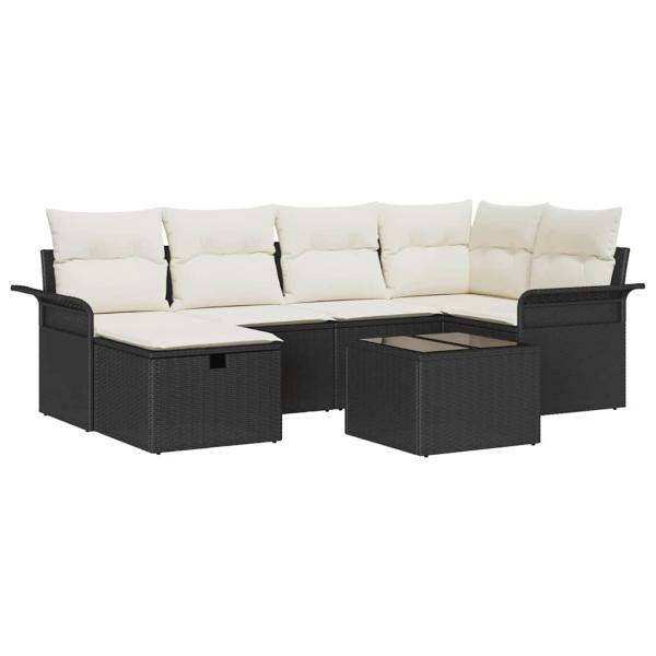 7-teiliges Garten Sofa Set mit Kissen Schwarz Poly Rattan, 2-Sitzer Garten Sofa mit Stauraum & Kissen Schwarz Poly Rattan
