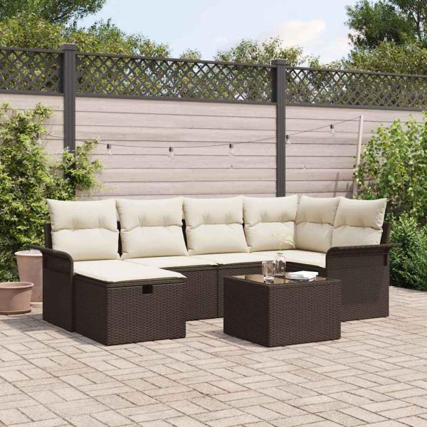 ARDEBO.de - 7-tlg. Garten Sofa Set mit Kissen Braun Poly Rattan, 2-Sitzer Garten Sofa mit Stauraum & Kissen Braun Poly Rattan