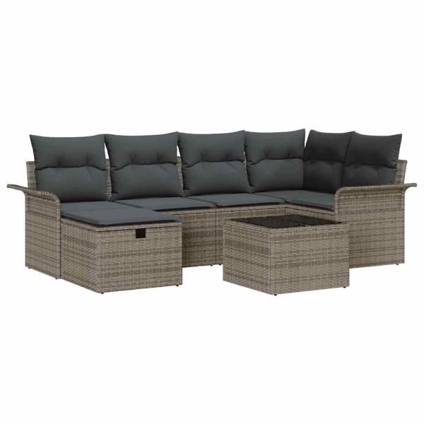 7-teiliges Garten-Sofa-Set mit Kissen Grau Poly-Rattan, 2-Sitzer Garten-Sofa mit Stauraum & Kissen Grau Poly-Rattan