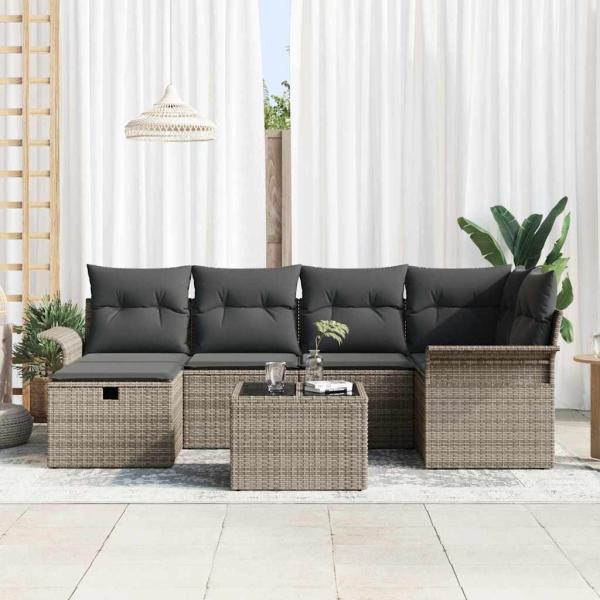 7-teiliges Garten-Sofa-Set mit Kissen Grau Poly-Rattan, 2-Sitzer Garten-Sofa mit Stauraum & Kissen Grau Poly-Rattan