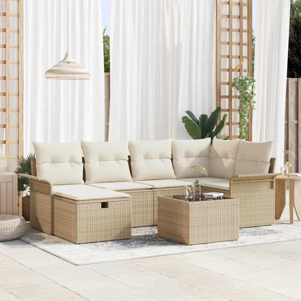 ARDEBO.de - 7-teiliges Garten-Sofa-Set mit Kissen Beige Poly Rattan, 2-Sitzer Garten-Sofa mit Stauraum & Kissen Beige Poly Rattan