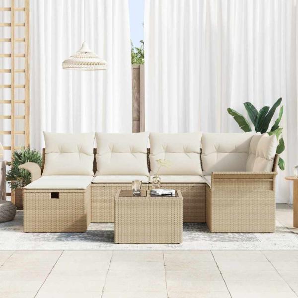 7-teiliges Garten-Sofa-Set mit Kissen Beige Poly Rattan, 2-Sitzer Garten-Sofa mit Stauraum & Kissen Beige Poly Rattan