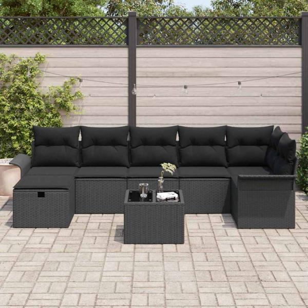 8-teiliges Garten-Sofa-Set mit Kissen Schwarzes Poly-Rattan, 2-Sitzer Garten-Sofa mit Stauraum & Kissen Schwarzes Poly-Rattan