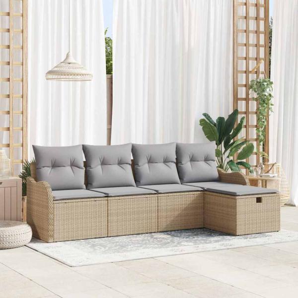 ARDEBO.de - 5-teiliges Garten Sofa Set mit Kissen Beige Poly Rattan, 2-Sitzer Garten Sofa mit Stauraum & Kissen Beige Poly Rattan