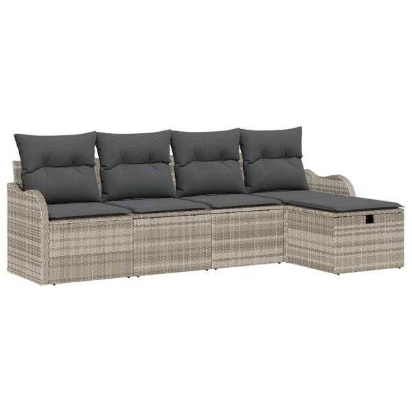 5-teiliges Garten-Sofa-Set mit Kissen Hellgrau Poly-Rattan, 2-Sitzer Garten-Sofa mit Stauraum & Kissen Hellgrau Poly-Rattan
