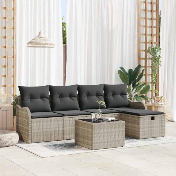 ARDEBO.de - 6-teiliges Gartensofa-Set mit Kissen Hellgrau Poly-Rattan, 2-Sitzer Gartensofa mit Stauraum & Kissen Hellgrau Poly-Rattan