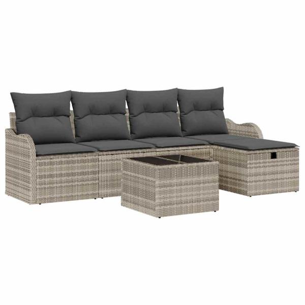 6-teiliges Gartensofa-Set mit Kissen Hellgrau Poly-Rattan, 2-Sitzer Gartensofa mit Stauraum & Kissen Hellgrau Poly-Rattan