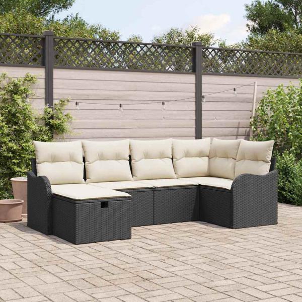 ARDEBO.de - 6-teiliges Garten Sofa Set mit Kissen Schwarz Poly Rattan, 2-Sitzer Garten Sofa mit Stauraum & Kissen Schwarz Poly Rattan