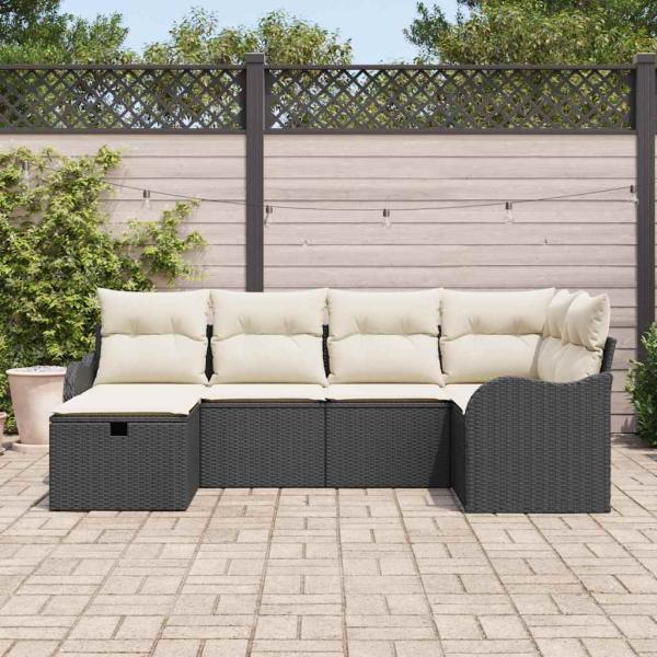 6-teiliges Garten Sofa Set mit Kissen Schwarz Poly Rattan, 2-Sitzer Garten Sofa mit Stauraum & Kissen Schwarz Poly Rattan