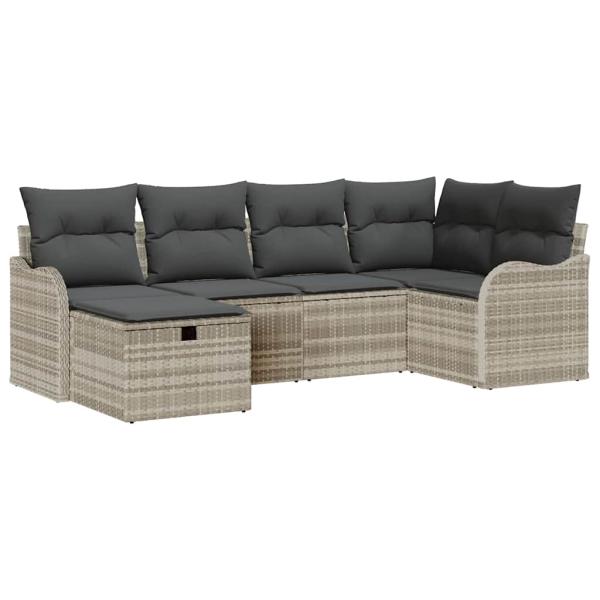 6-teiliges Garten-Sofa-Set mit Kissen, hellgraues Poly-Rattan, 2-Sitzer Garten-Sofa mit Stauraum & Kissen, hellgraues Poly-Rattan