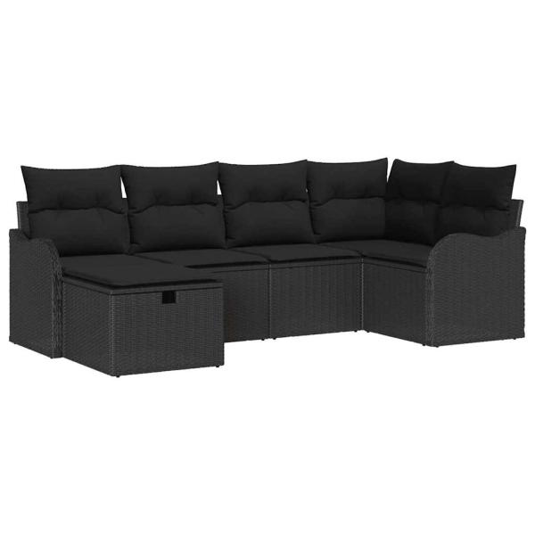ARDEBO.de - 6-teiliges Garten-Sofa-Set mit Kissen Schwarz Poly Rattan, 2-Sitzer Garten-Sofa mit Stauraum und Kissen Schwarz Poly Rattan