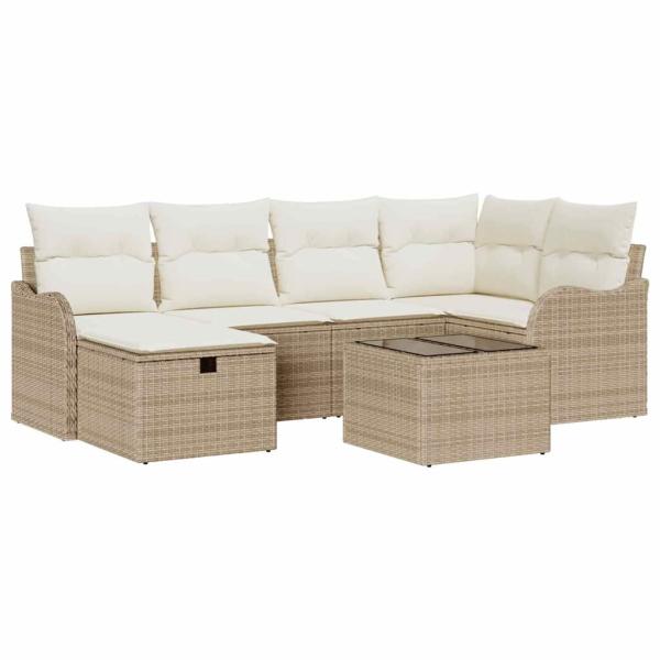 7-teiliges Garten-Sofa-Set mit Kissen Beige Poly Rattan, 2-Sitzer Garten-Sofa mit Stauraum & Kissen Beige Poly Rattan