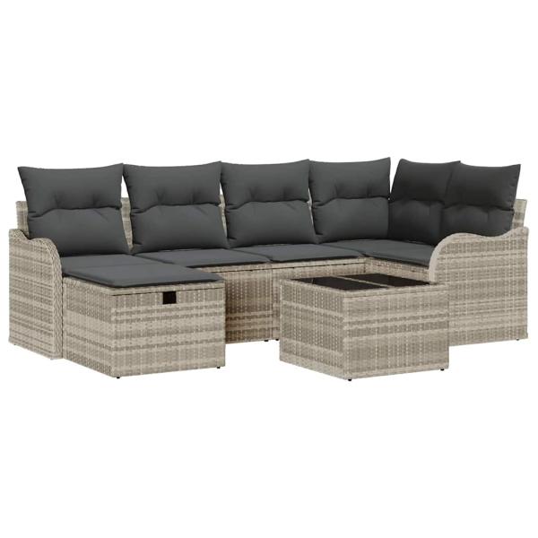 7-teiliges Garten Sofa Set mit Kissen Hellgrau Poly Rattan, 2-Sitzer Garten Sofa mit Stauraum & Kissen Hellgrau Poly Rattan