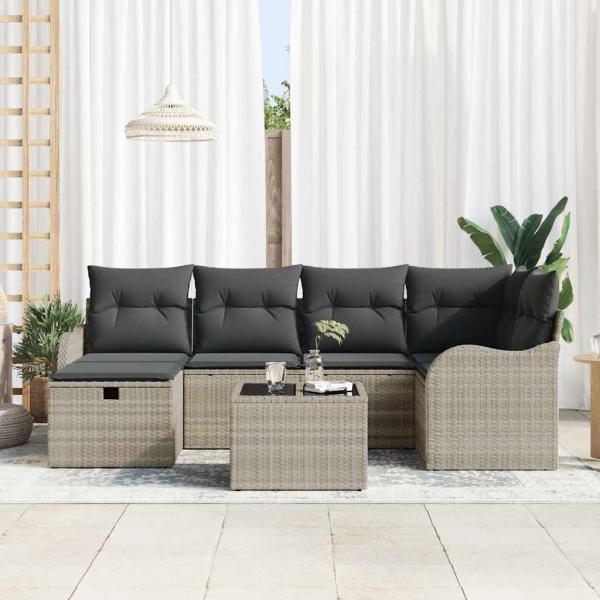 7-teiliges Garten Sofa Set mit Kissen Hellgrau Poly Rattan, 2-Sitzer Garten Sofa mit Stauraum & Kissen Hellgrau Poly Rattan