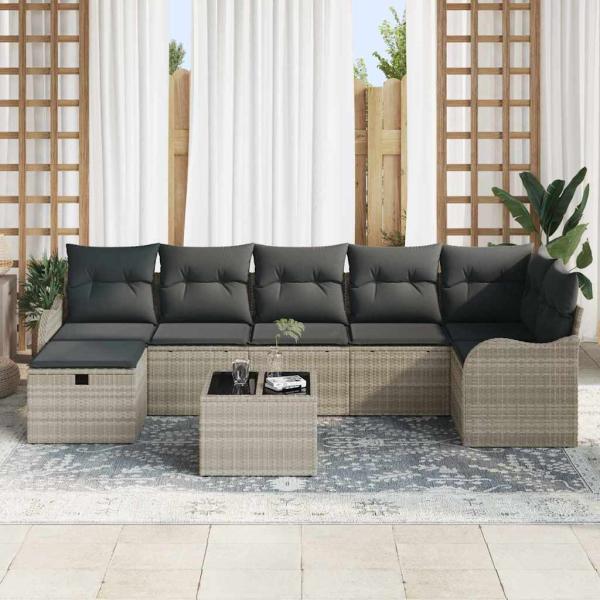 8-teiliges Garten Sofa Set mit Kissen Hellgrau Poly Rattan, 2-Sitzer Garten Sofa mit Stauraum und Kissen Hellgrau Poly Rattan