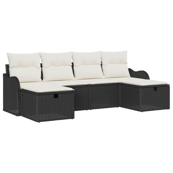 6-teiliges Garten Sofa Set mit Kissen Schwarz Poly Rattan, 2-Sitzer Garten Sofa mit Stauraum und Kissen Schwarz Poly Rattan