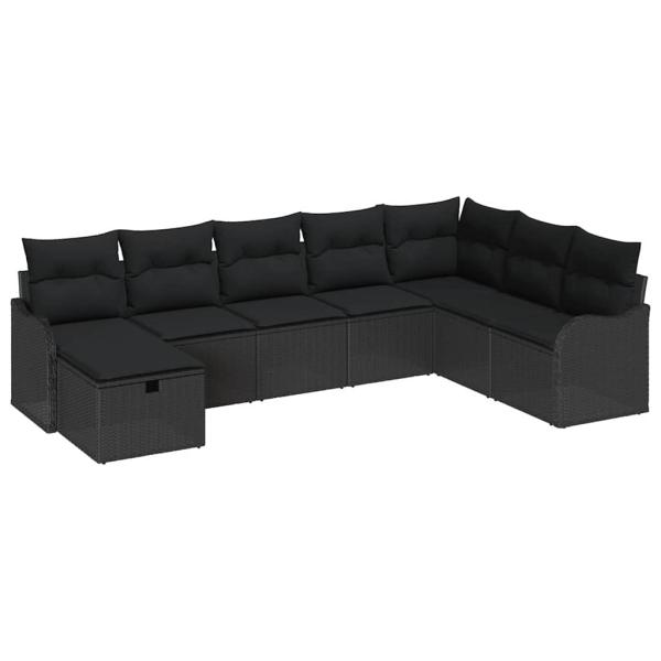 8-teiliges Garten-Sofa-Set mit Kissen, schwarzes Poly-Rattan, 2-Sitzer Garten-Sofa mit Stauraum & Kissen, schwarzes Poly-Rattan