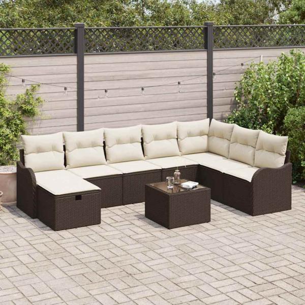 ARDEBO.de - 9-teiliges Garten-Sofa-Set mit Kissen aus braunem Poly-Rattan, 2-Sitzer Garten-Sofa mit Stauraum & Kissen aus braunem Poly-Rattan