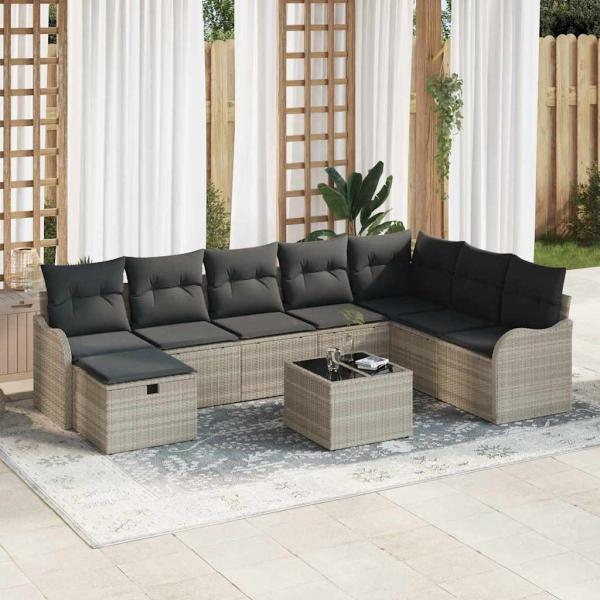 ARDEBO.de - 9-teilige Garten Sofagarnitur mit Kissen in Hellgrau aus Poly Rattan, 2-Sitzer Garten Sofa mit Stauraum & Kissen in Hellgrau aus Poly Rattan