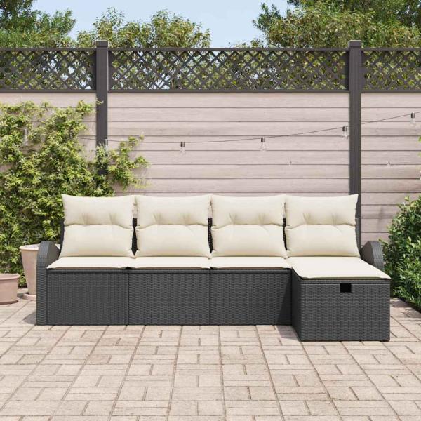 5-teiliges Garten Sofa Set mit Kissen Schwarz Poly-Rattan, 2-Sitzer Garten Sofa mit Stauraum & Kissen Schwarz Poly-Rattan