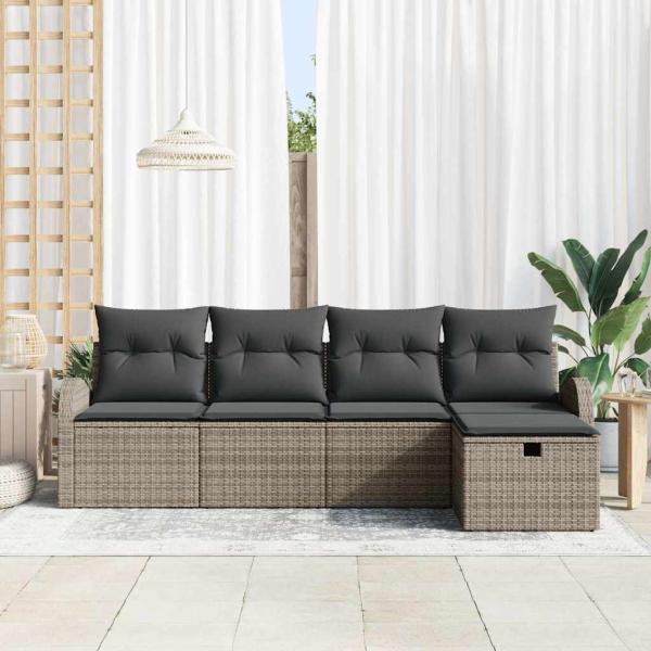 5-teilige Garten Sofa Set mit Kissen Grau Poly Rattan, 2-Sitzer Garten Sofa mit Stauraum und Kissen Grau Poly Rattan