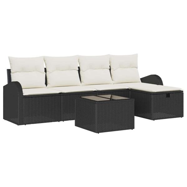 6 Teile Garten Sofa Set mit Kissen Schwarz Poly Rattan, 2-Sitzer Garten Sofa mit Stauraum & Kissen Schwarz Poly Rattan