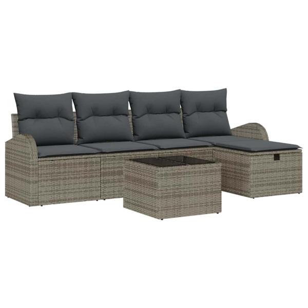 6-teiliges Garten Sofa Set mit Kissen Grau Poly Rattan, 2-Sitzer Garten Sofa mit Stauraum & Kissen Grau Poly Rattan