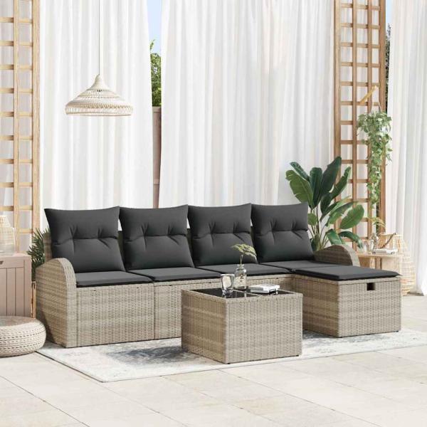 ARDEBO.de - 6-teiliges Garten Sofa Set mit Kissen Hellgrau Poly-Rattan, 2-Sitzer Garten Sofa mit Stauraum & Kissen Hellgrau Poly-Rattan