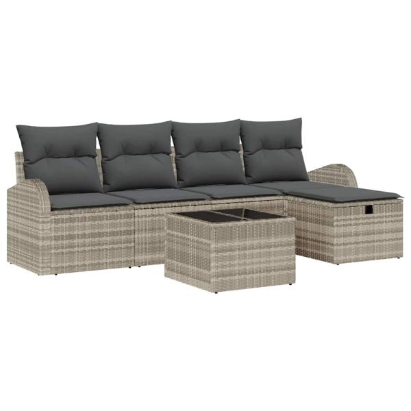 6-teiliges Garten Sofa Set mit Kissen Hellgrau Poly-Rattan, 2-Sitzer Garten Sofa mit Stauraum & Kissen Hellgrau Poly-Rattan