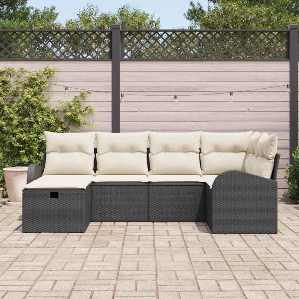 6-teiliges Garten-Sofaset mit Kissen Schwarz Poly-Rattan, 2-Sitzer Garten-Sofa mit Stauraum & Kissen Schwarz Poly-Rattan