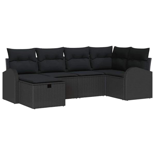 6-teiliges Garten-Sofaset mit Kissen Schwarz Poly Rattan, 2-Sitzer Garten-Sofa mit Stauraum & Kissen Schwarz Poly Rattan