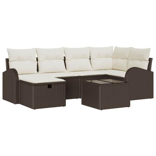 7-teiliges Garten Sofa Set mit Kissen in braunem Poly-Rattan, 2-Sitzer Garten Sofa mit Stauraum und Kissen in braunem Poly-Rattan