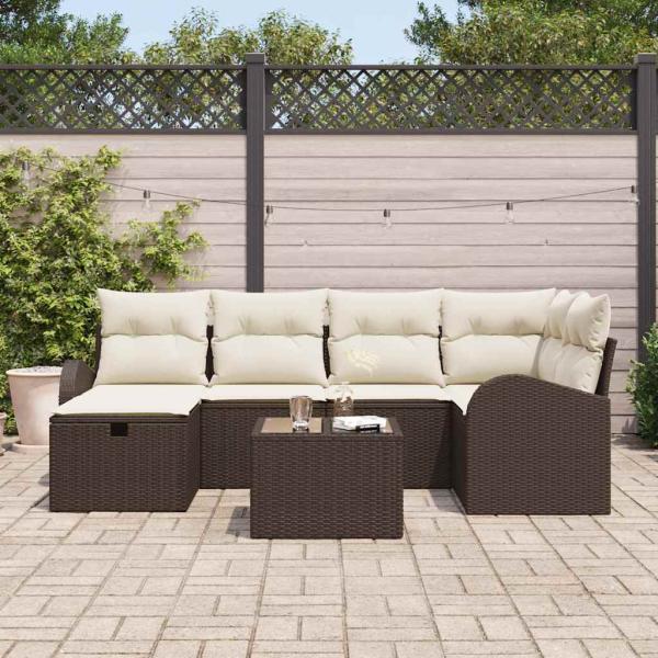 7-teiliges Garten Sofa Set mit Kissen in braunem Poly-Rattan, 2-Sitzer Garten Sofa mit Stauraum und Kissen in braunem Poly-Rattan