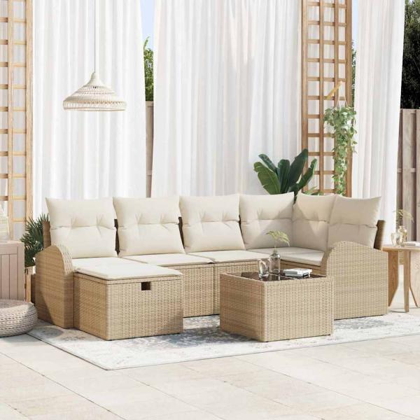 ARDEBO.de - 7-teiliges Garten Sofa Set mit Kissen Beige Poly Rattan, 2-Sitzer Garten Sofa mit Stauraum & Kissen Beige Poly Rattan