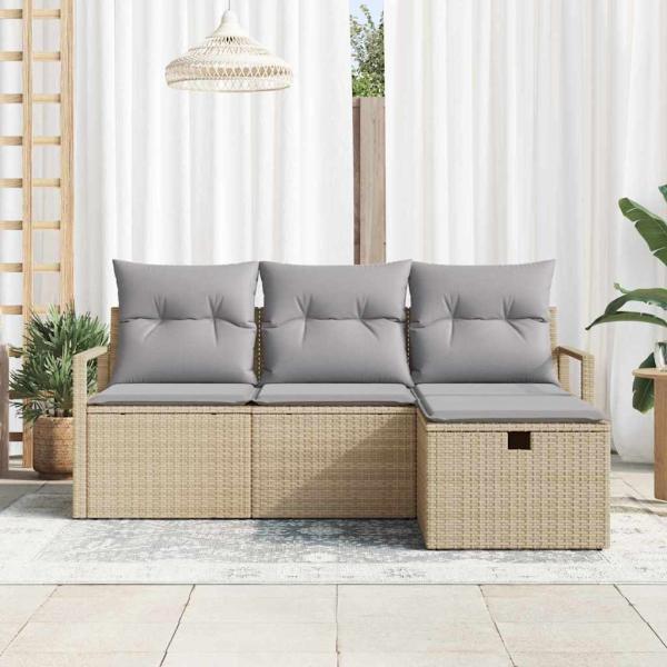 4-teiliges Garten-Sofa-Set mit Kissen Beige Poly-Rattan, 2-Sitzer Garten-Sofa mit Stauraum & Kissen Beige Poly-Rattan