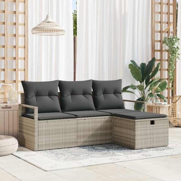 ARDEBO.de - 4-teiliges Garten Sofa Set mit Kissen Hellgrau Poly Rattan, 2-Sitzer Garten Sofa mit Stauraum & Kissen Grau Poly Rattan