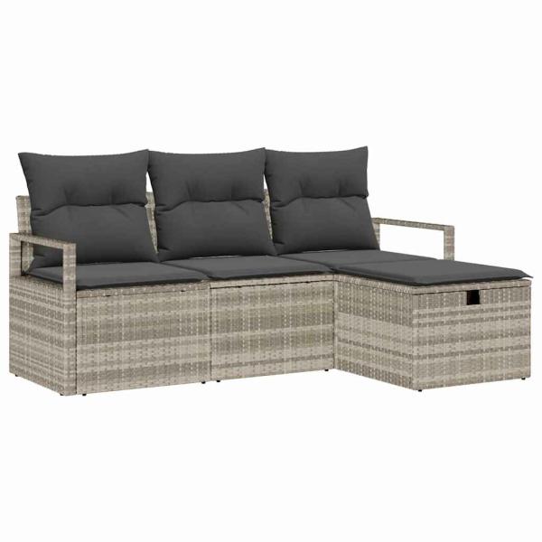 4-teiliges Garten Sofa Set mit Kissen Hellgrau Poly Rattan, 2-Sitzer Garten Sofa mit Stauraum & Kissen Grau Poly Rattan